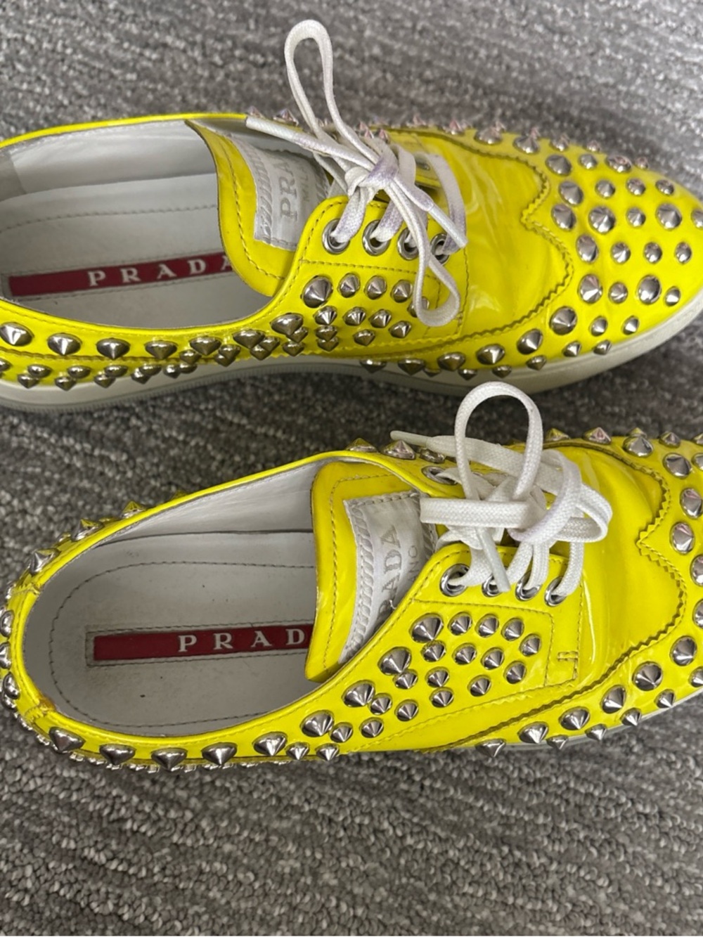 Prada Neon Yellow Patent Leather Studded Sneaker